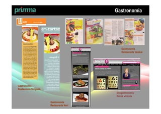 Gastronomia




                                              Gastronomia
                                              Restaurante Varekai




Gastronomia
Restaurante Siriguela
                                           Enogastronomia
                                           Ducos vinícola

                        Gastronomia
                        Restaurante Nori
 