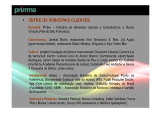• ENTRE OS PRINCIPAIS CLIENTES
  Industria: Prolev – indústria de alimentos naturais e nutracêuticos; e Ducos
  Vinícola (Vale do São Francisco).

  Gastronomia: Varekai Bistrô; restaurante Nori Temakeria & Thai; Via Appia
  (gastronomia italiana); restaurante Sabor Mestiço; Siriguela; e Seu Fulano Bar.

  Cultura: projeto Circulação de Música Instrumental (Orquestra Cidadã); Cantora Lia
  de Itamaracá; Centro Cultural Coco do Amaro Branco; Contrabanda; cantor Nado
  Rodrigues; cantor Sergio de Andrade; Banda de Pau e Corda; escritor Cyl Galindo
  (imortal da Academia Pernambucana de Letras); Guitarrista Fred Andrade; e Banda
  A Caravana do Delírio., entre outros.

  Institucional: Abeso – Associação Brasileira de Endocrinologia; Ponto de
  Referência; Universidade Estadual Vale do Acaraú (PE); Portal Pesquise Saúde;
  Spa Oral (clínica de reabilitação oral); Instituto Unificado Europeu do Brasil
  (Faculdade IUNE); ABMI – Associação Brasileira de Medicina Intensiva e Varejão
  do Estudante.

  Serviços e Produtos: Animal’s Petshop; Moros Consulting, Salão Dorinhaa; Donna
  Floh e Bossa Culture (moda); Grupo DH2 Assessoria; e Natiflora (paisagismo).
 