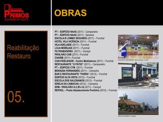 OBRAS
PT – EDIFÍCIO NAAS (2011) - Campanário
PT – EDIFÍCIO NAAS (2011) - Santana
ESCOLA B LOMBO SEGUNDO (2011) – Funchal
HOTEL VILA VICÊNCIA (2011) – Funchal
VILA ADELAIDE (2011) – Funchal
LOJA MOBÍLIAS (2011) – Funchal
FILTRAMADEIRA (2011) – Caniçal
PAVILHÃO CAB (2011) –Funchal
CHARIB (2011) –Funchal
CGD-FIDELIDADE - Centro Mediadores (2011) – Funchal
RESTAURANTE “O PÁTIO” (2011) – Campanário
PT – EDIFÍCIO CTM (2011) - Funchal
MORADIA FERNANDES (2011) – Camacha
BAR E RESTAURANTE “FARRA” (2012) – Funchal
EDIFÍCIO ALTA VISTA (2012) – Funchal
ESCOLA DOS SALESIANOS (2012) – Funchal
IGREJA DA CAMACHA (2012) – Camacha
SDM - PAVILHÃO A,C,M e Q (2011) – Caniçal
REPSOL – Posto Abastecimento Pontinha (2012) – Funchal
PAVILHÃO DO CAB-MADEIRA – Bairro da Nazaré - Funchal
CGD - FIDELIDADE – Centro de Mediadores. Rotunda do Infante - Funchal
IGREJA DA CAMACHA – Camacha
 