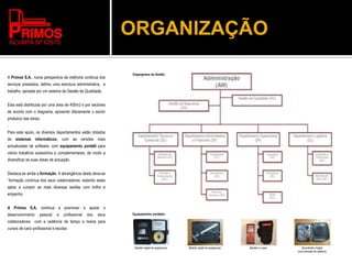 ORGANIZAÇÃO
A Primos S.A., numa perspectiva de melhoria continua dos
serviços prestados, definiu uma estrutura administrativa, e
trabalho, apoiada por um sistema de Gestão de Qualidade.
Esta está distribuida por uma área de 405m2 e por sectores
de acordo com o diagrama, apoiando diáriamente o sector
produtivo das obras.
.
Para este apoio, os diversos departamentos estão dotados
de sistemas informáticos, com as versões mais
actualizadas de software, com equipamento portátil para
vários trabalhos acessórios e complementares, de modo a
diversificar as suas áreas de actuação.
Destaca-se ainda a formação. A abrangência desta deve-se
`formação contínua dos seus colaboradores, estando estes
aptos a cumprir as mais diversas tarefas com brilho e
empenho.
A Primos S.A. continua a promover e apoiar o
desenvolvimento pessoal e profissional dos seus
colaboradores com a cedência de tempo e meios para
cursos de cariz profissional e escolar.
Medidor digital de espessuras Medidor digital de espessuras Medidor a Laser Alcoolimetro Digital
(com emissão de relatório)
Equipamentos portáteis:
Organigrama de Gestão:
 