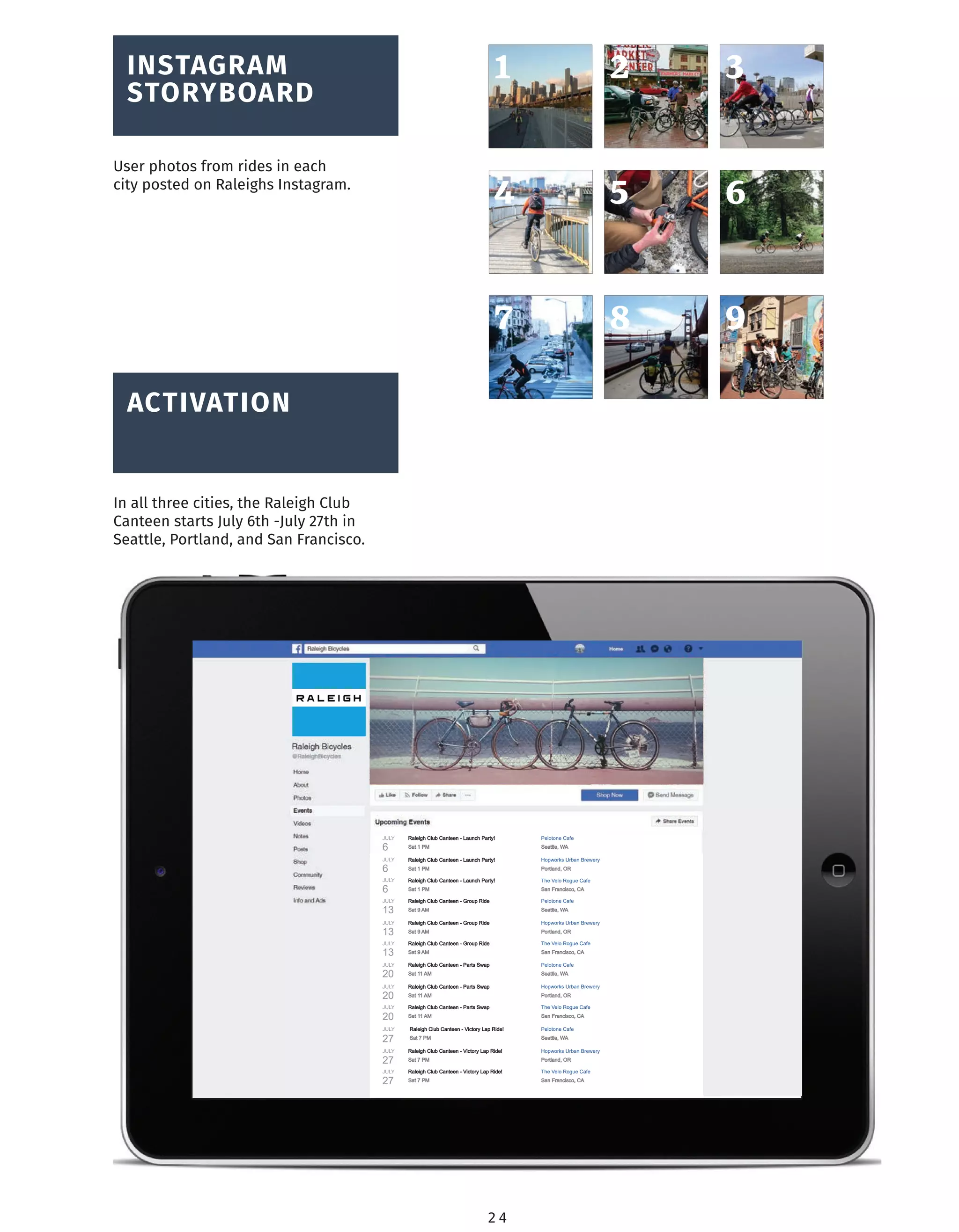 2 4
1 2 3
4 5 6
7 8 9
BRAND
OVERVIEW
ACTIVATION
In all three cities, the Raleigh Club
Canteen starts July 6th -July 27th in
Seattle, Portland, and San Francisco.
BRAND
OVERVIEW
INSTAGRAM
STORYBOARD
User photos from rides in each
city posted on Raleighs Instagram.
6
JULY
6
JULY
6
JULY
13
JULY
13
JULY
13
JULY
20
JULY
20
JULY
20
JULY
27
JULY
27
JULY
27
JULY
Raleigh Club Canteen - Launch Party!
Sat 1 PM
Raleigh Club Canteen - Launch Party!
Sat 1 PM
Raleigh Club Canteen - Launch Party!
Sat 1 PM
Raleigh Club Canteen - Group Ride
Sat 9 AM
Raleigh Club Canteen - Group Ride
Sat 9 AM
Raleigh Club Canteen - Group Ride
Sat 9 AM
Raleigh Club Canteen - Parts Swap
Sat 11 AM
Raleigh Club Canteen - Parts Swap
Sat 11 AM
Raleigh Club Canteen - Parts Swap
Sat 11 AM
Raleigh Club Canteen - Victory Lap Ride!
Sat 7 PM
Raleigh Club Canteen - Victory Lap Ride!
Sat 7 PM
Raleigh Club Canteen - Victory Lap Ride!
Sat 7 PM
Pelotone Cafe
Seattle, WA
Hopworks Urban Brewery
Portland, OR
The Velo Rogue Cafe
San Francisco, CA
Pelotone Cafe
Seattle, WA
Hopworks Urban Brewery
Portland, OR
The Velo Rogue Cafe
San Francisco, CA
Pelotone Cafe
Seattle, WA
Hopworks Urban Brewery
Portland, OR
The Velo Rogue Cafe
San Francisco, CA
Pelotone Cafe
Seattle, WA
Hopworks Urban Brewery
Portland, OR
The Velo Rogue Cafe
San Francisco, CA
 