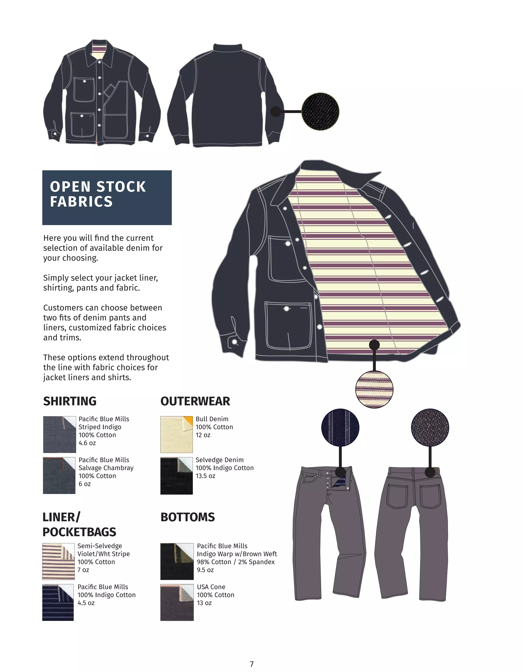 Paciﬁc Blue Mills
Striped Indigo
100% Cotton
4.6 oz
SHIRTING
Paciﬁc Blue Mills
Salvage Chambray
100% Cotton
6 oz
Paciﬁc Blue Mills
Indigo Warp w/Brown Weft
98% Cotton / 2% Spandex
9.5 oz
USA Cone
100% Cotton
13 oz
Selvedge Denim
100% Indigo Cotton
13.5 oz
Bull Denim
100% Cotton
12 oz
Paciﬁc Blue Mills
100% Indigo Cotton
4.5 oz
Semi-Selvedge
Violet/Wht Stripe
100% Cotton
7 oz
BOTTOMS
OUTERWEAR
LINER/
POCKETBAGS
OPEN STOCK
FABRICS
Here you will ﬁnd the current
selection of available denim for
your choosing.
Simply select your jacket liner,
shirting, pants and fabric.
Customers can choose between
two ﬁts of denim pants and
liners, customized fabric choices
and trims.
These options extend throughout
the line with fabric choices for
jacket liners and shirts.
7
 