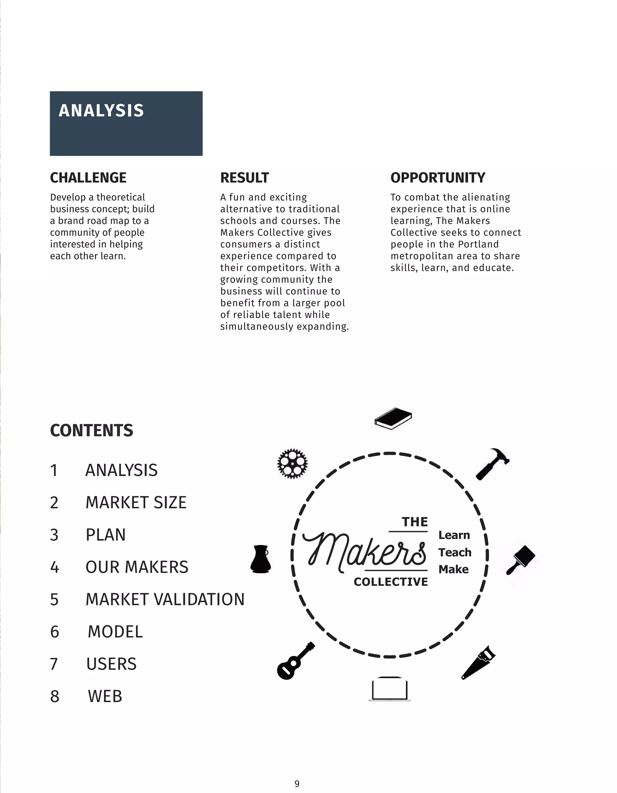 9
Learn
Teach
Make
Makers
THE
COLLECTIVE
CONTENTS
1 ANALYSIS
2 MARKET SIZE
3 PLAN
4 OUR MAKERS
5 MARKET VALIDATION
6 MODEL
7 USERS
8 WEB
ANALYSIS
CHALLENGE
Develop a theoretical
business concept; build
a brand road map to a
community of people
interested in helping
each other learn.
RESULT
A fun and exciting
alternative to traditional
schools and courses. The
Makers Collective gives
consumers a distinct
experience compared to
their competitors. With a
growing community the
business will continue to
benefit from a larger pool
of reliable talent while
simultaneously expanding.
OPPORTUNITY
To combat the alienating
experience that is online
learning, The Makers
Collective seeks to connect
people in the Portland
metropolitan area to share
skills, learn, and educate.
 