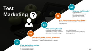 01
02
03
04
05
Why Should Companies Test Market?
Provide valuable information to help in this decision-
making process
What Are the Methods?
(1) Market testing
(2) Focus group interviews
(3) Consumer surveys
(4) Trade show exhibits
What Is Being Tested?
(1) Product positioning strategy (4) Product pricing
(2) Advertising strategy and tactics (5) Branding and product packaging
(3) Product distribution strategy (6) Budget levels
3 Test Market Approaches:
(1) Standard test markets
(2) Controlled test markets
(3) Simulated test markets
How Much Market Testing Is Needed?
Depend on each new product or service
If confident -> little or no test marketing is needed
Test
Marketing
14
 