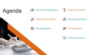 2
New Product Development
Performance Evaluation
Risk Management ROI Maximization
Portfolio Prioritization
Product Consistency
Resource Optimization
Agenda
 