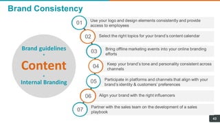 Brand Consistency
43
Use your logo and design elements consistently and provide
access to employees
01
Select the right topics for your brand’s content calendar
02
Bring offline marketing events into your online branding
efforts
03
Keep your brand’s tone and personality consistent across
channels
04
Partner with the sales team on the development of a sales
playbook
07
Align your brand with the right influencers
06
Participate in platforms and channels that align with your
brand’s identity & customers’ preferences
05
Brand guidelines
+
Content
+
Internal Branding
 
