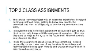 TOP 3 CLASS ASSIGNMENTS
1. The service learning project was an awesome experience. I enjoyed
putting myself out there, getting to know new people, the
teamwork and most of all getting to practice my communication
skills.
2. I enjoyed the Blog Reflection assignment because it is just so true.
I just never really knew until the assignment was given. I like how
they gave us ways to fix it, so in the future I will know what to do
in a situation like that.
3. I liked the assignment about stress. It was something I needed
personally, so yes it was one of my favorites. It went deep and
really helped me to be open minded and change the way I think in
order to reduce my stress.
 