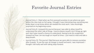Favorite Journal Entries
– Journal Entry 1: I liked when we first assessed ourselves to see where we were
before the class took on full swing. I thought it was interesting how everything was
broke down so we knew where we needed the most work. I was shockingly
surprised on my beginning scores.
– Journal Entry 8: I enjoyed this journal because I was able to allow myself to
understand the other side of things. I tend to blame myself a lot if things go right
and I don’t give myself a chance to understand. Having to do this assignment
showed me how I am too tough on myself at times. I just need to relax and take a
deep breath.
– Journal Entry 33: This journal I liked because we were able to reassess ourselves
after 8 weeks. To see the over all change in myself and work, I was impressed. I
thought I did really well with taking steps forward.
 