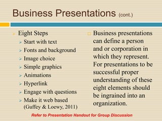 Business Presentations (cont.)
 Eight Steps
 Start with text
 Fonts and background
 Image choice
 Simple graphics
 Animations
 Hyperlink
 Engage with questions
 Make it web based
(Guffey & Loewy, 2011)
 Business presentations
can define a person
and or corporation in
which they represent.
For presentations to be
successful proper
understanding of these
eight elements should
be ingrained into an
organization.
Refer to Presentation Handout for Group Discussion
 