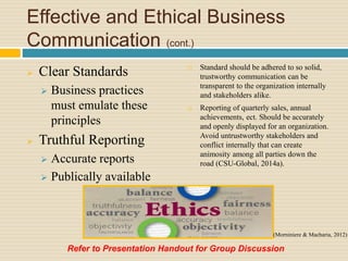 Effective and Ethical Business
Communication (cont.)
 Clear Standards
 Business practices
must emulate these
principles
 Truthful Reporting
 Accurate reports
 Publically available
 Standard should be adhered to so solid,
trustworthy communication can be
transparent to the organization internally
and stakeholders alike.
 Reporting of quarterly sales, annual
achievements, ect. Should be accurately
and openly displayed for an organization.
Avoid untrustworthy stakeholders and
conflict internally that can create
animosity among all parties down the
road (CSU-Global, 2014a).
(Morniniere & Macharia, 2012)
Refer to Presentation Handout for Group Discussion
 