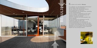 E en plek om te werken: flexxen




            BEAULIEU
                       Er is gekozen om het bestaande kantoorpand
                       niet te slopen maar te renoveren.
                       Op een manier die meerwaarde oplevert
                       voor de gebruikers en de buurt.
                       Sleutelbegrippen zijn transparantie, uitstraling
                       en een tuinkamergevoel.
                       Met het ontwerp is ingespeeld op het mooie
                       ‘groene’ karakter van de omgeving en de
                       nabijheid van park Sonsbeek.
                       Hiervoor is letterlijk het buitenkarakter naar
                       binnen gehaald.
                       Met de entreehal als verlengstuk van het
                       voorterrein onder de luifel, met
                       kantoorverdiepingen van waaruit je de
                       monumentale bomen kunt aanraken en met
                       een nieuwe dakverdieping, waar de atmosfeer
                       gecreëerd is van een buitenkamer. Een prettige
                       ambiance om in te werken, op een steenworp
                       afstand van het Centraal Station.




INTERIEUR
 