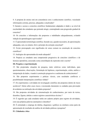 8. A proposta de ensino está em consonância com o conhecimento científico, veiculando
informações corretas, precisas, adequadas e atualizadas?
9. Garante o acesso a conceitos científicos fundamentais adaptados à idade e ao nível de
escolaridade dos estudantes que pretende atingir, contemplando uma progressão gradual de
conceitos?
10. Os conceitos e informações são propostos e trabalhados adequadamente, evitando
indução de aprendizagens equivocadas?
11. É apresentada terminologia científica, fazendo uso, quando necessário, de aproximações
adequadas, sem, no entanto, ferir o princípio da correção conceitual?
12. Existe preocupação com significados de senso comum na construção de conceitos
científicos?
13. Analogias são apresentadas de modo adequado?
14. Propicia ao estudante uma compreensão progressiva de conceitos científicos e de
técnicas operatórias, associada a uma consolidação da expressão oral e escrita?
III. Pesquisa e experimentação
15. São propiciadas situações de pesquisa, tanto coletivas como individuais, para
questionamentos, observações, formulação de hipóteses, experimentação, coleta, análise e
interpretação de dados, visando à construção progressiva e autônoma de conhecimentos?
16. São propostos experimentos e práticas viáveis, com resultados confiáveis e
possibilitando interpretações científicas válidas?
17. Os experimentos e atividades de investigação científica são propostos dentro de riscos
aceitáveis? Alerta sobre esses riscos e recomenda claramente os cuidados para prevenção
de acidentes na realização das atividades propostas?
18. São propostas atividades de sistematização de conhecimentos, por meio de textos,
desenhos, figuras, tabelas e outros registros característicos da área ?
19. É sugerido que cada estudante tenha um caderno próprio para registro de atividades,
com suas próprias palavras (anotações) e desenhos?
20. É estimulado o emprego de tabelas, diagramas e gráficos ou similares como parte da
apresentação de resultados de análise de atividades práticas e pesquisas?
IV. Cidadania e ética



                                                                                        7
 
