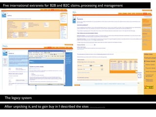 The legacy system
Five international extranets for B2B and B2C claims, processing and management
After unpicking it, and to gain buy in I described the sites ………….
 
