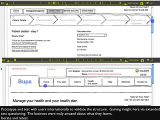 Prototype and test with users internationally to validate the structure. Gaining insight here via extended
test questioning. The business were truly amazed about what they learnt.
Iterate and retest.
 