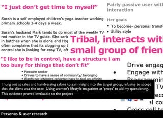 I hung out at cafes and hairdressing salons to gain insight into the target group, refusing to accept
that the client was the user. Using women's lifestyle magazines as ‘props’ to aid my questioning.
This evidence proved invaluable to the project
 