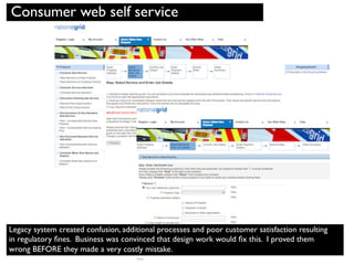 Legacy system created confusion, additional processes and poor customer satisfaction resulting
in regulatory ﬁnes. Business was convinced that design work would ﬁx this. I proved them
wrong BEFORE they made a very costly mistake.
Consumer web self service
 