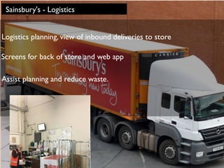 Assist planning and reduce waste.
Logistics planning, view of inbound deliveries to store
Screens for back of store and web app
Sainsbury's - Logistics
 