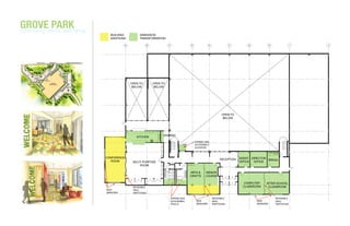 GROVEsocial. well being.
community:
           PARK
                              BUILDING             DIMENSION
                              ADDITIONS            TRANSFORMATION

                                         A                 B             C                D              E                F        G              H                I   J



                      7




                      6

                                             OPEN TO           OPEN TO
                                              BELOW             BELOW




                      5



                                                                                                                    OPEN TO
                                                                                                                     BELOW



                      4

                                                                    VENDING
                                                KITCHEN

                      3
                                                                                              EXPAND ADA
                                                                                              ACCESSIBLE
                                                                                              ELEVATOR
                      2

                            CONFERENCE                                                                                        ASSIST. DIRECTOR
                                                                                                                  RECEPTION                    BREAK.
                              ROOM            MULTI-PURPOSE                                                                   OFFICE   OFFICE
                                                  ROOM

                                                                                          ARTS &     SENIOR
                                                                                          CRAFTS     LOUNGE

                                                                                                                                COMPUTER     AFTER SCHOOL
                      1
                                              MOVEABLE                                                                          CLASSROOM     CLASSROOM
                            NEW               WALL
                            WINDOWS           PARTITIONS
                      1.5

                                                                             EXPAND ADA                      MOVEABLE                                 MOVEABLE
                                                                             ACCESSIBLE        NEW           WALL                       NEW           WALL
                                                                             STALLS            WINDOWS       PARTITIONS                 WINDOWS       PARTITIONS
 