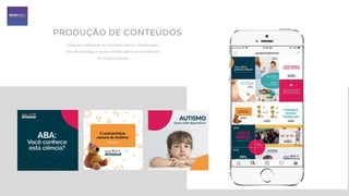 Captação e produção de conteúdos densos, voltado para a
área da psicologia e equipe multidisciplinar no atendimento
de crianças autistas.
PRODUÇÃO DE CONTEÚDOS
 