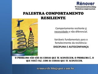 PALESTRA COMPORTAMENTO
RESILIENTE
Comportamento resiliente é
necessidade e não diferencial.
Variáveis fundamentais para o
fortalecimento da resiliência:
DISCIPLINA E AUTOCONFIANÇA
O PROBLEMA NÃO SÃO AS COISAS QUE TE ACONTECEM, O PROBLEMA É, O
QUE VOCÊ FAZ, COM AS COISAS QUE TE ACONTECEM.
 