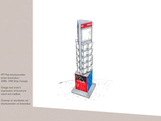 PPT Post brochuremolen
annex brievenbus–
2000, ITAB Shop Concept

Design and artist’s
impression of brochure
stand and mailbox

Ontwerp en visualisatie van
brochuremolen en brievenbus
 