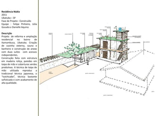 Residência Nádia 
2011 
Ubatuba – SP 
Fase de Projeto : Construído 
Equipe : Felipe Pinheiro, Júlia Gouvêa e Danielle Aquino 
Descrição 
Projeto de reforma e ampliação residencial no bairro de Itamambuca, Ubatuba. Criação de cozinha externa, sauna e banheiro e construção de anexo com duas suítes com acessos independentes. 
Construção feita com estrutura em madeira roliça, paredes em taipa de mão e coberturas verdes produtivas. A técnica de taipa de mão utilizada reproduz a tradicional técnica japonesa, o “tutchicabe”, técnica bastante sofisticada e com acabamento de alta qualidade. 
 