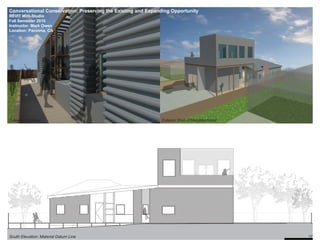 Conversational Conservation: Preserving the Existing and Expanding Opportunity
REVIT Mini-Studio
Fall Semester 2010
Instructor: Mark Owen
Location: Pacoima, CA




Sideyard Addition                                             Exterior Shot of Neighborhood




South Elevation: Material Datum Line                                                          10’
 