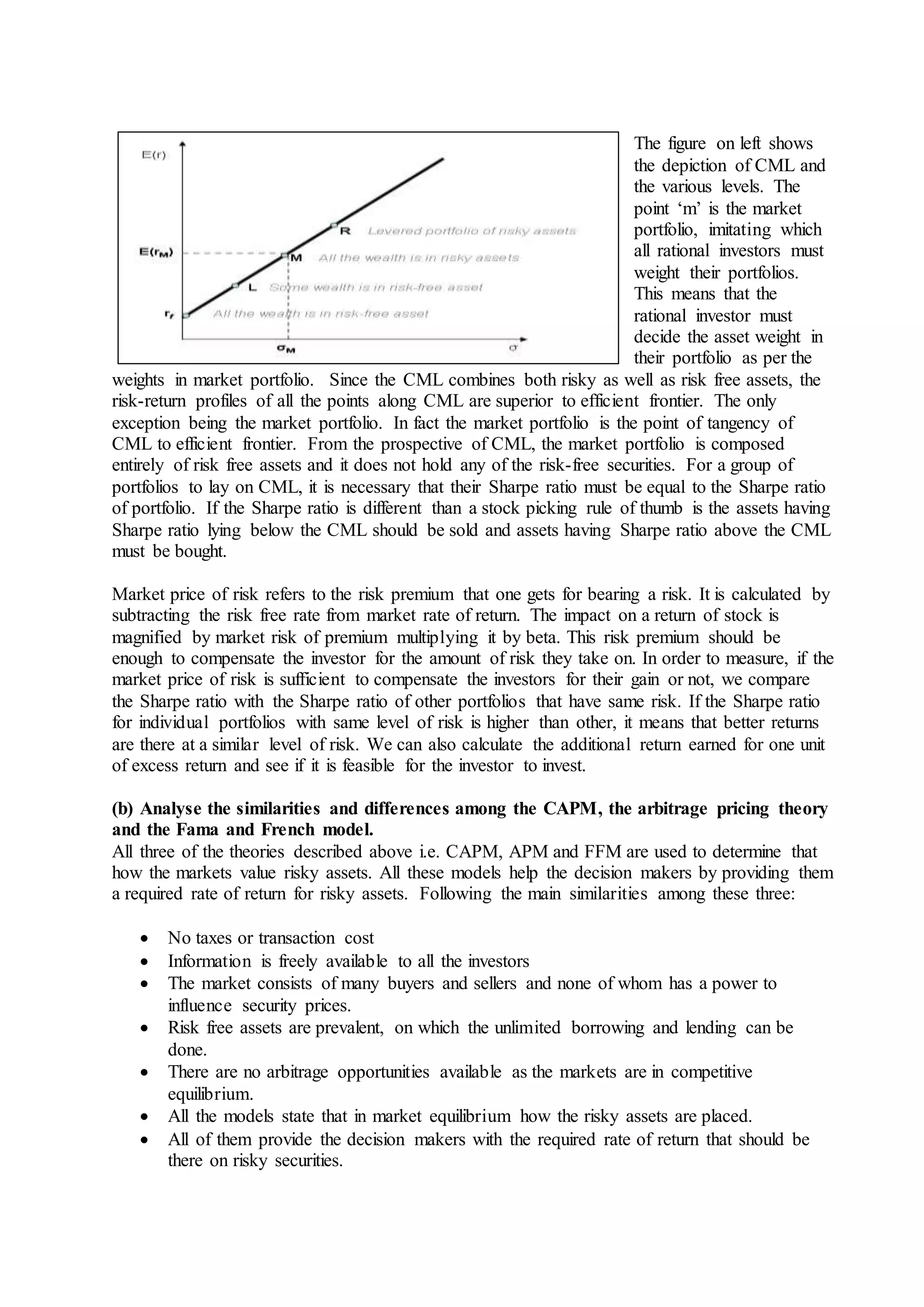 The figure on left shows
the depiction of CML and
the various levels. The
point ‘m’ is the market
portfolio, imitating which
all rational investors must
weight their portfolios.
This means that the
rational investor must
decide the asset weight in
their portfolio as per the
weights in market portfolio. Since the CML combines both risky as well as risk free assets, the
risk-return profiles of all the points along CML are superior to efficient frontier. The only
exception being the market portfolio. In fact the market portfolio is the point of tangency of
CML to efficient frontier. From the prospective of CML, the market portfolio is composed
entirely of risk free assets and it does not hold any of the risk-free securities. For a group of
portfolios to lay on CML, it is necessary that their Sharpe ratio must be equal to the Sharpe ratio
of portfolio. If the Sharpe ratio is different than a stock picking rule of thumb is the assets having
Sharpe ratio lying below the CML should be sold and assets having Sharpe ratio above the CML
must be bought.
Market price of risk refers to the risk premium that one gets for bearing a risk. It is calculated by
subtracting the risk free rate from market rate of return. The impact on a return of stock is
magnified by market risk of premium multiplying it by beta. This risk premium should be
enough to compensate the investor for the amount of risk they take on. In order to measure, if the
market price of risk is sufficient to compensate the investors for their gain or not, we compare
the Sharpe ratio with the Sharpe ratio of other portfolios that have same risk. If the Sharpe ratio
for individual portfolios with same level of risk is higher than other, it means that better returns
are there at a similar level of risk. We can also calculate the additional return earned for one unit
of excess return and see if it is feasible for the investor to invest.
(b) Analyse the similarities and differences among the CAPM, the arbitrage pricing theory
and the Fama and French model.
All three of the theories described above i.e. CAPM, APM and FFM are used to determine that
how the markets value risky assets. All these models help the decision makers by providing them
a required rate of return for risky assets. Following the main similarities among these three:
 No taxes or transaction cost
 Information is freely available to all the investors
 The market consists of many buyers and sellers and none of whom has a power to
influence security prices.
 Risk free assets are prevalent, on which the unlimited borrowing and lending can be
done.
 There are no arbitrage opportunities available as the markets are in competitive
equilibrium.
 All the models state that in market equilibrium how the risky assets are placed.
 All of them provide the decision makers with the required rate of return that should be
there on risky securities.
 