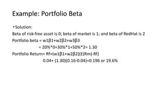 Example: Portfolio Beta
•Solution:
Beta of risk-free asset is 0; beta of market is 1; and beta of RedHat is 2
Portfolio beta = w1β1+w2β2+w3β3
= 20%*0+30%*1+50%*2= 1.30
Portfolio Return= Rf+(w1β1+w2β2)(E(Rm)-Rf)
0.04+ (1.30)(0.16-0.04)=0.196 or 19.6%
 