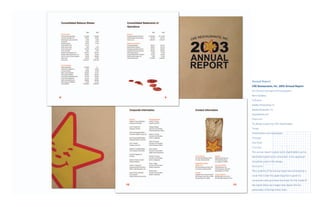 Annual Report
CKE Restaurants, Inc. 2003 Annual Report
Art Director/Designer/Photographer
Rene Saldana
Software
Adobe Photoshop CS
Adobe Illustrator CS
QuarkXPress 6.5
Objective
To design a piece for CKE shareholders.
Target
Shareholders and employees.
Strategy
Fast-food
Concept
The annual report is given to its shareholders just as
fast-food is given to its consumers. A fun approach
should be used in the design.
Execution
The contents of the annual report are enclosed by a
cover that is like the paper bag that is given to
consumers who purchase fast-food. On the inside of
the report there are images that depict the fun
personality of the fast-food chain.
 