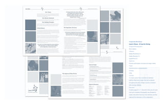 Corporate Brochure
Laura’s House - A Case for Giving
Designer/Photographer
Rene Saldana
Software
Adobe Photoshop CS
Adobe Illustrator CS
QuarkXPress 6.5
Objective
Promote participation amongst the target market.
Target
Potential donors and participants.
Strategy
Unity
Concept
To create a piece that is sensitive to domestic
violence. Must use a single color and no bleeds
throughout the piece. Design must be consistent
with existing collateral.
Execution
A twelve page, 8.5 x 11 document that uses one spot
color and no bleeds. Photography was donated to
create a document that was more dramatic and that
captured the importance of the organization.
 