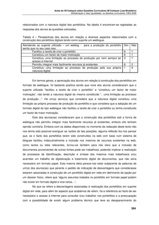 Actas do VII Colóquio sobre Questões Curriculares (III Colóquio Luso-Brasileiro)
Globalização e (des) igualdades: os desafios curriculares. CIEd 2006

relacionados com a natureza digital dos portefólios. Na tabela 4 encontram-se registadas as
respostas dos alunos às questões colocadas.
Tabela 4 – Perspectivas dos alunos em relação a diversos aspectos relacionados com a
construção dos portefólios digitais tendo como suporte um weblogue.
Atendendo ao suporte utilizado – um weblog - para a produção do portefólio
sentiu que no seu caso isso:
Facilitou a tarefa de criar o portefólio
Constituiu um factor de maior motivação
Constituiu uma limitação ao processo de produção por nem sempre ter
acesso à Internet
Permitiu integrar mais facilmente recursos já existentes
Constituiu uma limitação ao processo de produção pela sua própria
natureza digital

Sim

Não

9
9
3

1
1
7

8
1

2
9

Em termos gerais, a apreciação dos alunos em relação à construção dos portefólios em
formato de weblogue, foi bastante positiva sendo que nove dos alunos consideraram que o
suporto utilizado “facilitou a tarefa de criar o portefólio” e “constituiu um factor de maior
motivação”, não tendo a natureza digital do mesmo constituído “…uma limitação ao processo
de produção…”. Há um(a) aluno(a) que considera que a natureza digital constituiu uma
limitação ao próprio processo de produção do portefólio e que considera que a adopção de um
formato digital do tipo weblogue não facilitou a tarefa de criar o portefólio ou tenha constituído
um factor de maior motivação.
Dois dos alunos(as) consideraram que a construção dos portefólios sob a forma de
weblogue não permitiu integrar mais facilmente recursos já existentes, embora oito tenham
opinião contrária. Embora com os dados disponíveis no momento da redacção deste texto não
nos tenha sido possível averiguar as razões de tais posições, alguma reflexão fez-nos pensar
que, se o facto dos portefólios terem sido construídos na web com base num sistema de
blogues facilitou indiscutivelmente a inclusão nos mesmos de recursos existentes na web,
como textos ou sites relevantes, tornou-se também para nós claro que a inclusão de
documentos provenientes de outras fontes pode ser trabalhosa, podendo implicar a realização
de processos de identificação, descrição e síntese dos mesmos mais trabalhosos e/ou
acarretar um trabalho de digitalização e tratamento digital de documentos, que não seria
necessário em formato papel. Esta mesma ideia parece-nos estar subjacente às palavras de
um(a) dos alunos(as) que perante o pedido de indicação de desvantagens que considerasse
estarem associadas à construção de um portefólio digital em rede em detrimento da opção por
um dossier físico, refere que “alguns assuntos tratados no portefólio em formato papel podem
não existir em formato digital e vice-versa…”.
No que se refere a desvantagens associadas à realização dos portefólios em suporte
digital em rede, para além do aspecto que acabámos de referir, há a referência ao facto de ser
necessário o acesso à Internet para consultar e/ou trabalhar nos portefólios e a preocupação
com a possibilidade de existir algum problema técnico que leve ao desaparecimento do




304

 