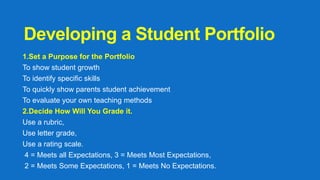 Developing a Student Portfolio
1.Set a Purpose for the Portfolio
To show student growth
To identify specific skills
To quickly show parents student achievement
To evaluate your own teaching methods
2.Decide How Will You Grade it.
Use a rubric,
Use letter grade,
Use a rating scale.
4 = Meets all Expectations, 3 = Meets Most Expectations,
2 = Meets Some Expectations, 1 = Meets No Expectations.
 