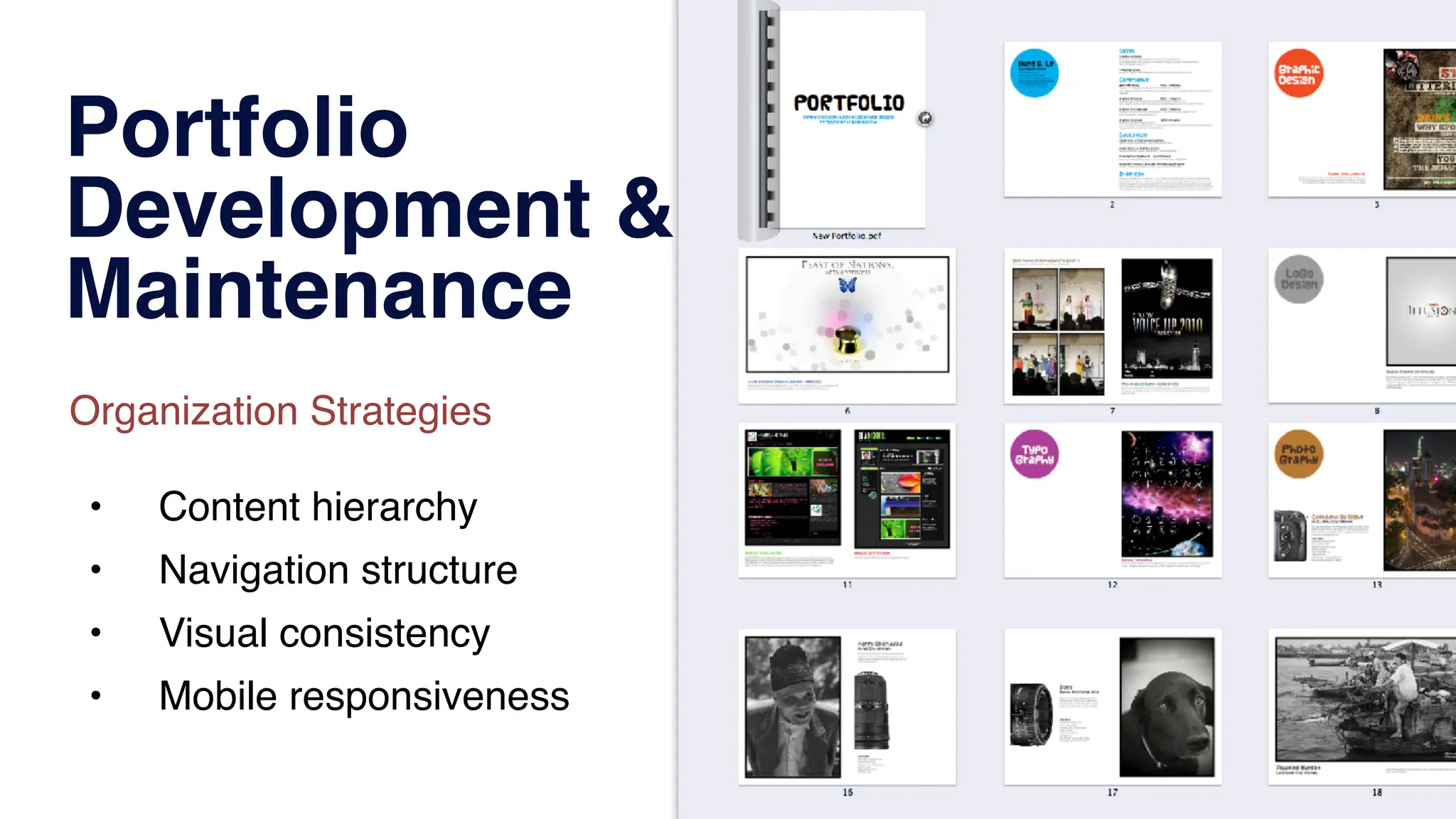 Portfolio
Development &
Maintenance
• Content hierarchy
• Navigation structure
• Visual consistency
• Mobile responsiveness
Organization Strategies
 