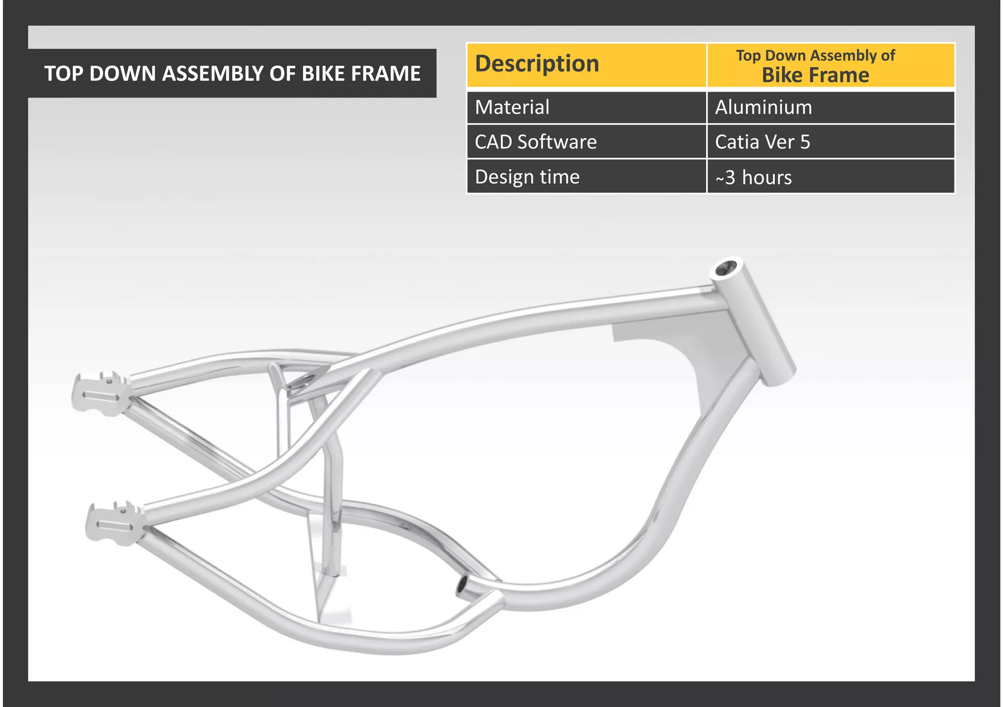 Description
Material Aluminium
CAD Software Catia Ver 5
Design time ̴3 hours
Top Down Assembly of
Bike FrameTOP DOWN ASSEMBLY OF BIKE FRAME
 