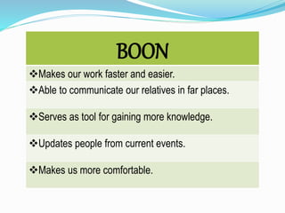 BOON
Makes our work faster and easier.
Able to communicate our relatives in far places.
Serves as tool for gaining more knowledge.
Updates people from current events.
Makes us more comfortable.
 