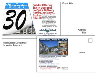 Front Side




                                       Address
                                          Side



Real Estate Direct Mail
Incentive Postcard
 