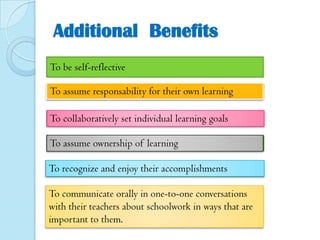 Additional Benefits
To be self-reflective

To assume responsability for their own learning
To collaboratively set individual learning goals
To assume ownership of learning
To recognize and enjoy their accomplishments
To communicate orally in one-to-one conversations
with their teachers about schoolwork in ways that are
important to them.

 