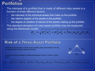 • The riskiness of a portfolio that is made of different risky assets is a
function of three different factors:
• the riskiness of the individual assets that make up the portfolio
• the relative weights of the assets in the portfolio
• the degree of variation of returns of the assets making up the portfolio
• The standard deviation of a two-asset portfolio may be measured
using the Markowitz model:
BAABBABBAAp rwwww  22222

CACACACBCBCBBABABACCBBAAp rwwrwwrwwwww  ,,,
222222
222 
The data requirements for a three-asset portfolio grows dramatically if we are
using Markowitz Portfolio selection formulae.
We need 3 (three) correlation coefficients between A and B; A and C; and B
and C.
A
B C
ρa,b
ρb,c
ρa,c
 