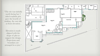“The site was initially
north facing but 3
sided roadside plot
gave the beneﬁt of
making the east side
as front elevation.
Elevation is made
aligned with the
shape of plot to
support the design.
Projections and
boundary are
arranged in a sync.”
 