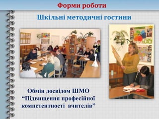 Шкільні методичні гостини
Обмін досвідом ШМО
“Підвищення професійної
компетентності вчителів”
Форми роботи
 