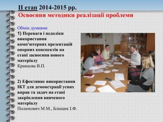 Обмін думками
1) Переваги і недоліки
використання
комп'ютерних презентацій
опорних конспектів на
етапі засвоєння нового
матеріалу
Кравцова В.П.
ІІ етап 2014-2015 рр.
Освоєння методики реалізації проблеми
2) Ефективне використання
ІКТ для демонстрації усних
вправ та задач на етапі
закріплення вивченого
матеріалу
Полюхович М.М., Блищик І.Ф.
 