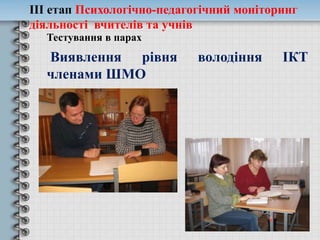 ІІІ етап Психологічно-педагогічний моніторинг
діяльності вчителів та учнів
Тестування в парах
Виявлення рівня володіння ІКТ
членами ШМО
 