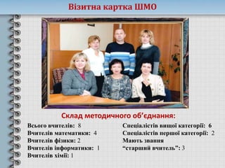 ё
Візитна картка ШМО
Склад методичного об’єднання:
Всього вчителів: 8
Вчителів математики: 4
Вчителів фізики: 2
Вчителів інформатики: 1
Вчителів хімії: 1
Спеціалістів вищої категорії: 6
Спеціалістів першої категорії: 2
Мають звання
“старший вчитель”: 3
 