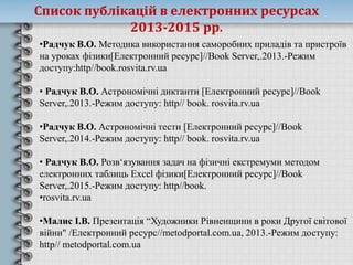 •Радчук В.О. Методика використання саморобних приладів та пристроїв
на уроках фізики[Електронний ресурс]//Book Server,.2013.-Режим
доступу:http//book.rosvita.rv.ua
• Радчук В.О. Астрономічні диктанти [Електронний ресурс]//Book
Server,.2013.-Режим доступу: http// book. rosvita.rv.ua
•Радчук В.О. Астрономічні тести [Електронний ресурс]//Book
Server,.2014.-Режим доступу: http// book. rosvita.rv.ua
• Радчук В.О. Розв‘язування задач на фізичні екстремуми методом
електронних таблиць Excel фізики[Електронний ресурс]//Book
Server,.2015.-Режим доступу: http//book.
•rosvita.rv.ua
•Малис І.В. Презентація “Художники Рівненщини в роки Другої світової
війни" /Електронний ресурс//metodportal.com.ua, 2013.-Режим доступу:
http// metodportal.com.ua
Список публікацій в електронних ресурсах
2013-2015 рр.
 