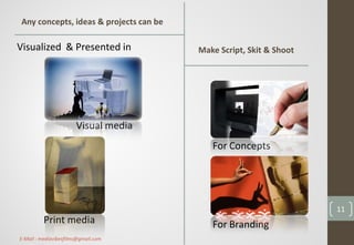 Any concepts, ideas & projects can be
Visualized & Presented in
Visual media
Print media
Make Script, Skit & Shoot
For Concepts
For Branding
11
E-Mail : mediavibesfilms@gmail.com
 