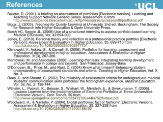Baume, D. (2001). A briefing on assessment of portfolios [Electronic Version]. Learning and Teaching Support Network Generic Series  Assessment  6 from  http://www.bioscience.heacademy.ac.uk/ftp/Resources/gc/assess06portfolios.pdf Biggs, J. (2003).  Teaching for Quality Learning at University.  2nd ed. Buckingham: The Society for Research into Higher Education & Open University Press. Burch VC, Seggie JL. (2008) Use of a structured interview to assess portfolio-based learning.  Medical Education, Vol. 42 :894-900 Jones, E. (2010). Personal theory and reflection in a professional practice portfolio [Electronic Version].  Assessment & Evaluation in Higher Education , 35, 699-710 from  http://dx.doi.org/10.1080/02602930902977731 Klenowski, V., Askew, S., & Carnell, E. (2006). Portfolios for learning, assessment and professional development in higher education.  Assessment & Evaluation in Higher Education, 31 (3), 267-286. Mentowski, M. and Associates (2000).  Learning that lasts: integrating learning development, and performance in college and beyond .  San Francisco: Jossey-Bass O’Donovan, B.,  Price, M., and Rust, C. (2004) Know what I mean? Enhancing student understanding of assessment standards and criteria.  Teaching in Higher Education , Vol. 9, No. 3. Rees, C. and Sheard, C. (2002)  The reliability of assessment criteria for undergraduate medical students' communication skills portfolios: the Nottingham experience.   Medical Education,  Vol. 38, No. 2: 138-144 Wilhelm, L., Puckett, K., Beisser, S., Wishart, W., Merideth, E., & Sivakumaran, T. (2006). Lessons Learned from the Implementation of Electronic Portfolios at Three Universities [Electronic Version].  Tech Trends , 50 from  http://www.springerlink.com/content/l3412700x44l4752/fulltext.pdf Woodward, H., & Nanlohy, P. (2004). Digital portfolios: fact or fashion? [Electronic Version].  Assessment & Evaluation in Higher Education , 29, 227-238 from  http://dx.doi.org/10.1080/0260293042000188492 References 