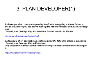 3. PLAN DEVELOPER(1)  3. PLAN DEVELOPER(1)  A. Develop a short concept map using the Concept Mapping software based on one of the articles you see above. Pick up the major sentences and make a concept map . Submit your Concept Map in Slideshare. Submit the URL in Moodle. http://www.slideshare.net/katoke/sw9 B. Develop a short concept map explaining how the following article is organized . Submit your Concept Map inSlideshare. (http://womeninbusiness.about.com/od/startingasmallbusiness/a/techfeasibility.htm) http://www.slideshare.net/katoke/sw9a 