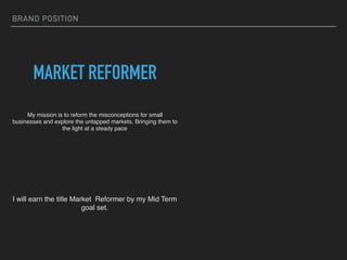 BRAND POSITION
My mission is to reform the misconceptions for small
businesses and explore the untapped markets. Bringing them to
the light at a steady pace
I will earn the title Market Reformer by my Mid Term
goal set.
MARKET REFORMER
 