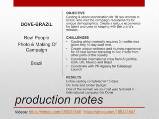 production notes
OBJECTIVE
Casting & shoot coordination for 18 real women in
Brazil, who met the campaign requirements for
unique demographics. Create a unique experience
for talent and crew in keeping with the brand’s
mission.
CHALLENGES
• Casting which normally requires 3 months was
given only 10 day lead time.
• Create unique wellness and tourism experience
for 18 real women traveling to Sao Paolo from
other parts of the country
• Coordinate international crew from Argentina,
USA, UK, Mexico and Brazil
• Coordinate with PR Agency for Campaign
Launch
RESULTS
Entire casting completed in 10 days.
On Time and Under Budget.
One of the women we sourced was featured in
international campaign for Dove
DOVE-BRAZIL
Real People
Photo & Making Of
Campaign
Brazil
https://vimeo.com/189331546 https://vimeo.com/189331547Videos:
 